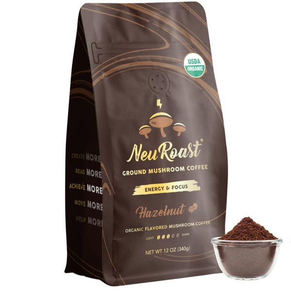 Organic Hazelnut Ground Mushroom Coffee by NeuRoast - Five Superfood Mushrooms including Lion's Mane & Cordyceps - Energy & Focus - Nootropic Blend for Cognitive Support - 30 Servings