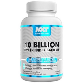 NXT Nutrition Live Friendly Bacteria - 10 Billion CFU Probiotic | 4 Strain Blend with FOS Prebiotic | Gut, Digestion & Immunity Support | Vegan Probiotic Supplement | 30 Capsules (30 Servings)
