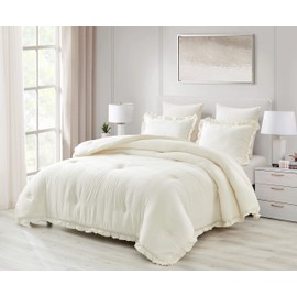 Chezmoi Collection Nora 3-Piece Ruffled Edge Trim Soft Washed Microfiber Comforter Set (Oversized King, Ivory)