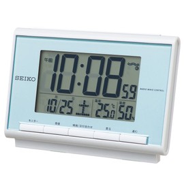 Seiko Clock SQ698L Seiko Alarm Clock, Radio Control, Digital Calendar, Temperature, Humidity Display, Light Blue Pearl