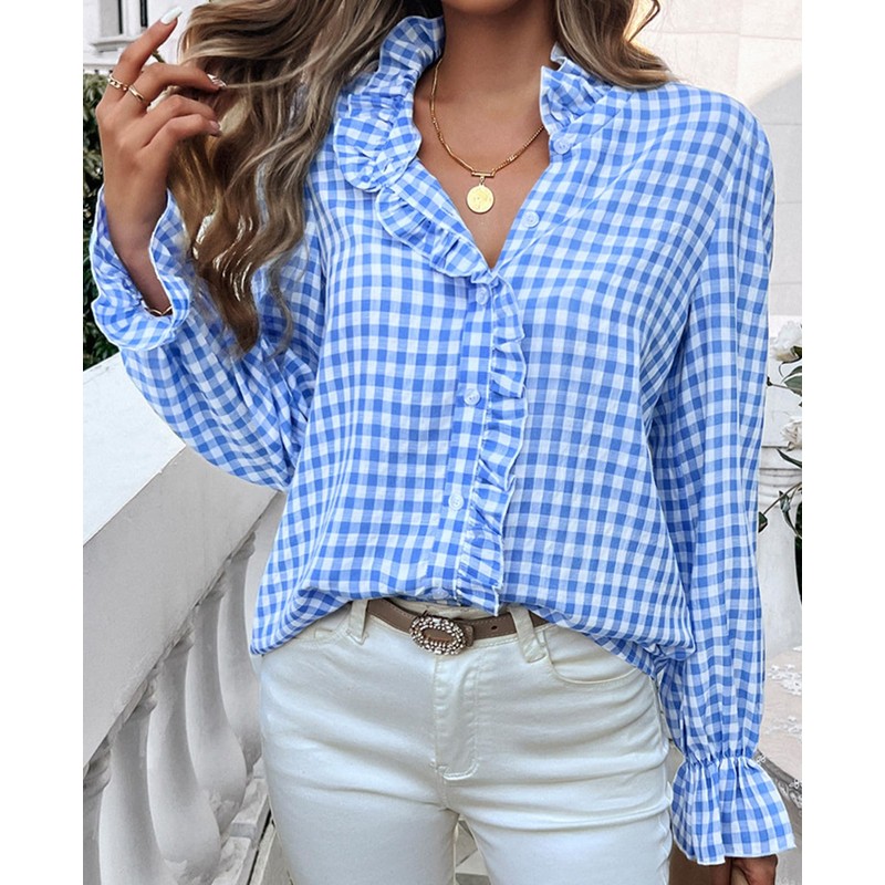 MINTLIMIT Womens Plaid Blouse Peasant Button Down Ruffle Neck Plaid