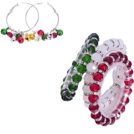 Fashion Jewelry Jingle Bell Dangle Hoop Earrings Beaded Rhinestone Bracelet Set