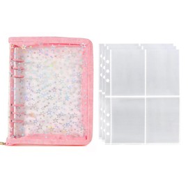 Samcos Sticker Book, Star Pattern, A5 Size, Seal Binder, 6-Hole Binder, Trekker Case, Collage Notebook, Sticker Storage Album, 4 Pockets Double-Sided Storage Refills, 20 Transparent Sleeves (Pink, A5)