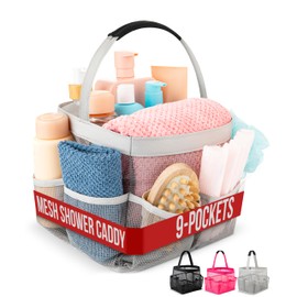 Masirs Mesh Shower Caddy - 9 Pocket Portable Bathroom Organizer Tote for Travel, Gym & Dorm - Collapsible Small Shower Caddy Bag to Hold Toiletries & Essentials (Gray)