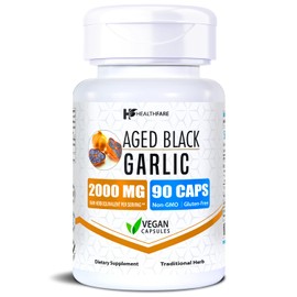 Healthfare Aged Black Garlic Supplement Pills | 2000mg Equivalent | 90 Vegan Capsules | Fermented Odorless Garlic Extract | High Potency Antioxidant Supplement | Non-GMO, Gluten-Free | Made in USA