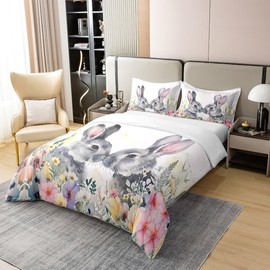 Homemissing Cute Rabbit Bedding Set Double Size Kids Easter Theme Comforter Cover Set for Boys Girls Teens Couple Bunnies 100% Cotton Duvet Cover Cartoon Bunny Floral Print Bedspread Cover Room Decor