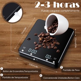 ASVEL Báscula Digital Cocina USB Recargable, Báscula Digital Cocina de 3Kg/0.1g con Pantalla LCD, Función de temporizador adecuada para cocinar, tomar café