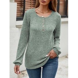 Famulily Button Up Thin Sweatshirts Tops Jumpers Ladies Round Neck Long Sleeves (S, Green)