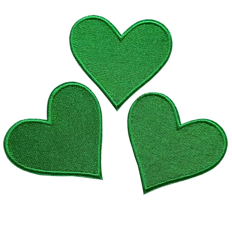 MISDONR 3pcs Green Heart Embroidered Iron on Patches for Clothing