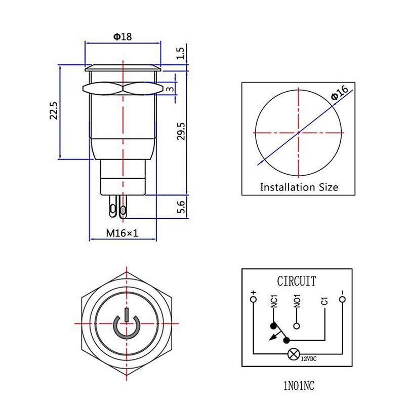 16mm Stainless Steel LED Latching Push Button Switch Waterproof On/Off
