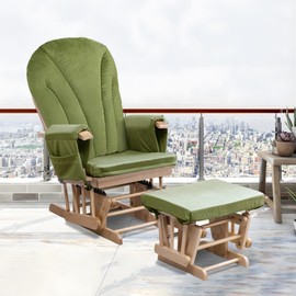 ANMINY 5pcs Glider Rocker Replacement Cushions Set - Thickened Velvet Glider Rocking Chair Cushions with 29 inch High Backrest & Side Pockets for Indoor Nursery, Washable & Non Slip, Green