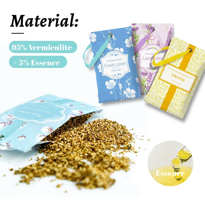 SCENTORINI Scented Sachets, Linen, Lavender, Cotton, Vanilla, 4 Fragrance for