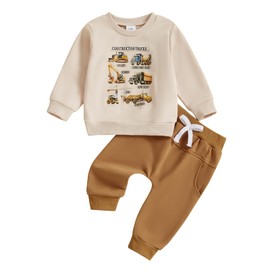 Vioyavo Baby Boy Clothes Sets Construction Print Toddler Outfits Long Sleeve Sweatshirt Long Pants Infant Jumper casual tracksuit 2 Pcs Set (Khaki, 12-18 Months)