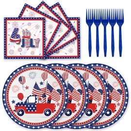 72 Pcs Patriotic Paper Plates American Flag Party Dessert Plates Napkins Forks Tableware Set Disposable Party Decoration Supplies for Veterans Day 4th of July Independence Day Election Day, Serve 24