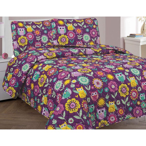 Goldenlinens Full Size 3 Pieces (1pc Bed Spread & 2 Pillow Sham) Purple Owl Flower Printed Kids Bedspread/Coverlet Sets/Quilt Set # Owl Full Quilt