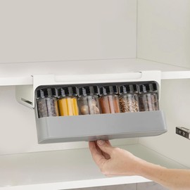 Spice Rack with 6 Spice Jars, Under-shelf Spice Rack, Kitchen Accessories, Extendable Spice Rack for Shelf Thickness up to 1.8 cm, Drawers Spice No Drilling, Cabinet, Grey and White