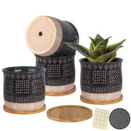 OMAYKEY 5.5 Inch Ceramic Plant Pot with Saucer, Retro Planters Pots with Drainage Hole and Mesh Pads for Succulent, Snake, Cactus, Herbs, Set of 4