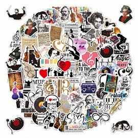 100 PCS Classical Music Stickers, Vinyl Decorative Decals with Musical Instruments, Notes, Composers,Sticker Packs Waterproof Reapplicable