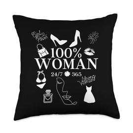 100% Woman 24/7 365 Cute Female Feminine Girlie Girly Things Throw Pillow