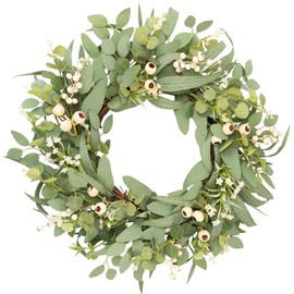 wwmira 22" Eucalyptus Wreaths for Front Door, Spring Summer Greenery Wreath with Olive, Willow Leaves, White Berries &Blooms, Farmhouse Grapevine Wreath for Porch Window Wall All Season Decor