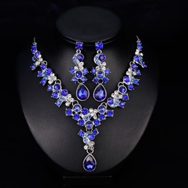 Wekicici Juego de collar y aretes para novia, para mujer, con cristales de boda, múltiples lágrimas, juego de aretes colgantes para mujer (azul)