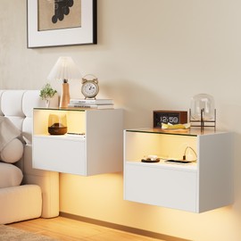 iyrany Floating Nightstand Set of 2 with Drawer & Charging Station– Wall Mounted Nightstands with LED, Glass Top, and Storage – Modern Side Tables for Bedroom, Easy to Assemble
