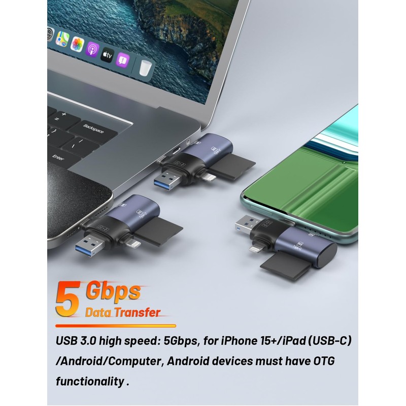 4-in-1 ZOIOT Card Reader, Suitable for ios/3.0USB-c/USB-A Multi-Interface Devices, Supports