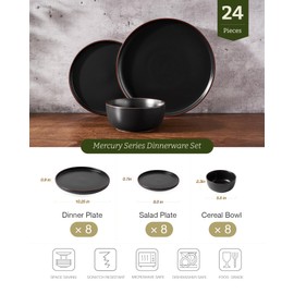 Famiware Mercury 24 Pieces Dinnerware Sets, Plates and Bowls Sets for 8, Microwave and Dishwasher Safe Dish Set, Matte Black