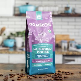 Organic Mushroom Decaffeinated Coffee Dark Roast | Swiss Water Water Process | Red Reishi & Chaga | Decaf for Calm and Relaxed Focus | Grade 1 Single Origin Peruvian | 12oz - Ground (2 Pack)