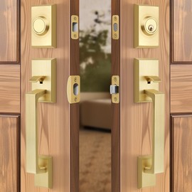 LOQRON Brushed Gold Double Front Door Lock Set, Keyed Entry Front Door Handleset with Dummy, Square Heavy Duty Door Lever and Single Cylinder Deadbolt Combo, Satin Brass