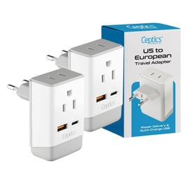 Ceptics 2 Pack European Travel Plug Adapter, US to Europe Plug Adapter, 18W PD-QC 3.0, Dual USB & USB-C - 2 USA Socket - Compact - Use in Greece Italy Turkey Portugal - Type C Fast Charging (2-Pack)