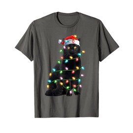 Xmas Lights Santa Hat Black Cat Christmas T-Shirt