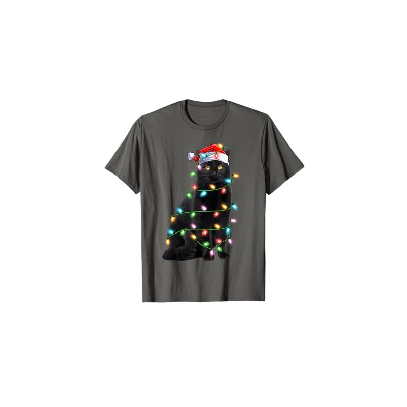 Xmas Lights Santa Hat Black Cat Christmas T-Shirt