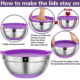 Mixing Bowls with Airtight Lids, 20 piece Stainless Steel Metal Nesting Bowls, AIKKIL Non-Slip Colorful Silicone Bottom, Size 7, 3.5, 2.5, 2.0,1.5, 1,0.67QT, Great for Mixing, Baking, Serving