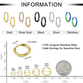 QXXPVV 5Pairs Huggie Hoop Earrings 18G Stainless Steel for Women Tiny Cartilage Hoop Earrings for Men 6/8/10/12/14mm Helix Daith Tragus Ear Hugging Hoop Earrings Silver/Gold/Rose Gold/Black/Rainbow Sleeper Earrings Hypoallergenic(18G Gold 5pairs)