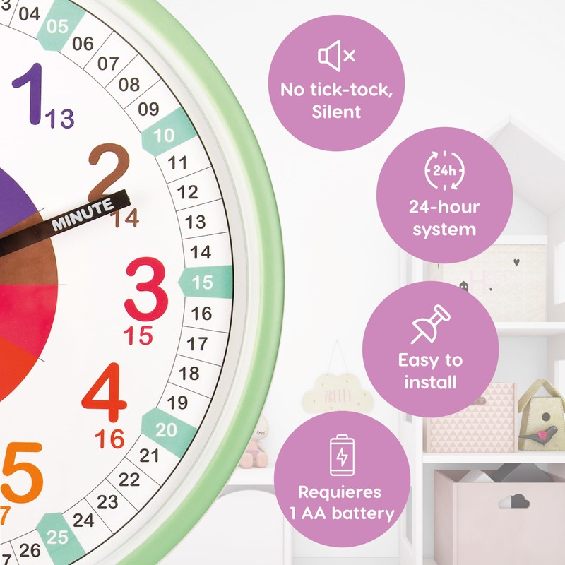 Kiddus Wall Clock for Boys and Girls. Silent Analogue Time