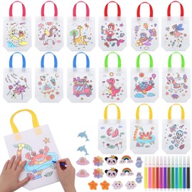 Lvefyti Bags for Painting for Children, Pack of 15 Fabric Bags for Painting with 12 Colour Pens and 16 Acrylic Stickers for Crafts, Children's Birthday Party Favours, DIY Graffiti Bags