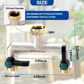 ChiuLau Brass Garden Hose Splitter, 1/2 inch and 3/4" Hose Splitter, 2 Way Tap Connector with On/Off Valves and Extended Handle, Hose Pipe Tap Splitter with a Connector and 2 Red Handles