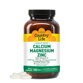 Country Life Calcium Magnesium Zinc with Vitamin D3 and L-Glutamic Acid, Dietary Supplement for Bone Support, Certified Gluten Free, 1000mg/500mg/25mg, 180 Tablets