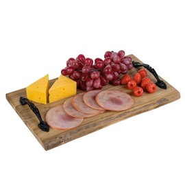 MyGift 14 Inch Vintage Solid Reclaimed Wood Serving Tray with Black Metal Handles, Rustic Wooden Decorative Display Platter, Home Table Kitchen Counter Decor