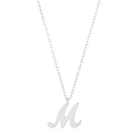 MAX + STONE 10k White Gold Small Script Initial Letter M Pendant Necklace for Women Adjustable Chain Size 16 to 18 inches with Spring Ring Clasp