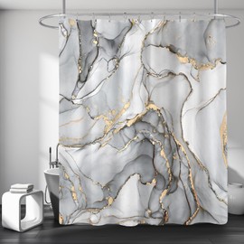 BayNook Grey Marble Shower Curtain, Modern Abstract Fabric Shower Curtain for Bathroom, Luxury Art Decor Gray Gold Ink Texture Watercolor Shower Curtain Set with Hooks 72x72