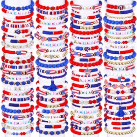 Equsion 150 Pcs Independence Day Bead Stretch Bracelets, Stackable Patriotic Heishi Bracelets 4th of July Red White and Blue Bracelets for Women