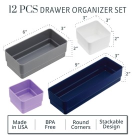 STORi SimpleSort 12-Piece Stackable Multicolor Drawer Organizer Set | Multi-size Trays | Small Makeup Vanity Storage Bins and Office Desk Drawer Dividers | Made in USA