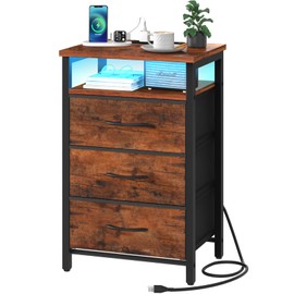 Yoobure Night Stand with Charging Station, 16 Colors LED Nightstand with USB Ports and Outlets, End Table with 3 Fabric Drawers and Storage Shelf, Bedside Tables Small Dresser for Small Space Brown