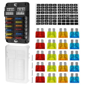 QWORK® 12 Way Fuse Holder, DC 12 V Fuse Box, Fuse Holder with Negative Pole, LED Indicator & Protective Cover, for Car, Boat, Truck