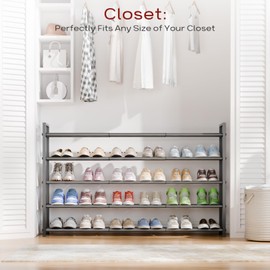 Bumusty 5-Tier Long Expandable Shoe Rack for Closet, 18"-44" Adjustable Shoe Rack for Entryway, 25-30 Pairs Large Shoe Organizer Shelf Storage, Sturdy Metal, Grey