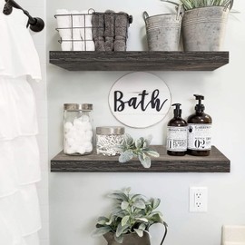 QEEIG Grey Floating Shelves Wall Shelf 24 inches Long Rustic Bathroom Decor Bedroom Kitchen Living Room Wall Mounted 24 x 9 inch Set of 2 (008-60GY)