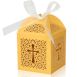 KPOSIYA 70 Pack Baptism Favor Boxes,Laser Cut Candy Boxes with Ribbons, Party Favor Small Gift Boxes for Baby Shower Baptism Decorations First Birthday Party Christening Favor (Gold-70)