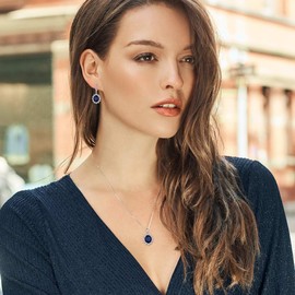 EVER FAITH Wedding 925 Sterling Silver Blue Cubic Zirconia Jewelry Set for Bride Bridesmaid,Elegant Flower Birthstone Pendant Necklace Dangle Earrings Set Gifts for Women